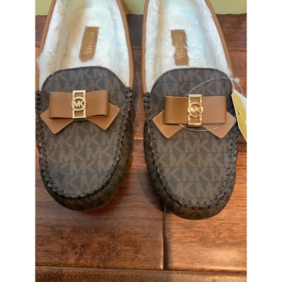Michael Kors Erica Brown Leather Shearling Lined Logo Flats Slippers, Size 8 - Picture 4 of 10